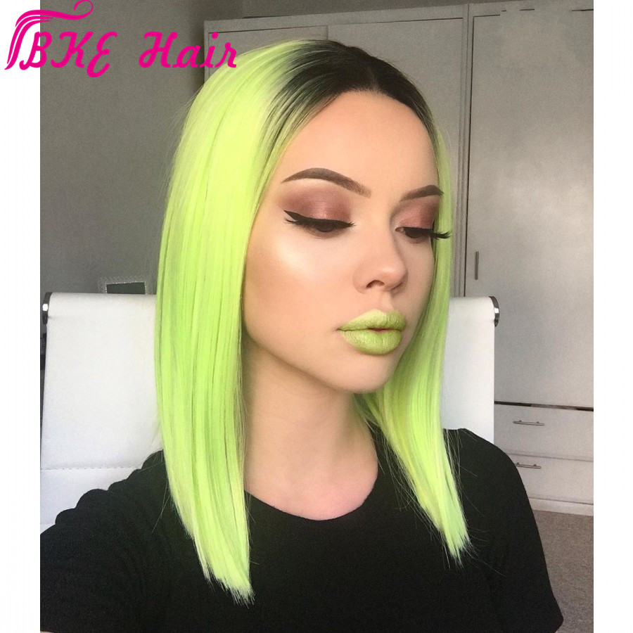 Deep middle part lace frontal Bob Wig Ombre light green color Wigs With Baby Hair short Straight synthetic Lace Front Wig Pre Plucked