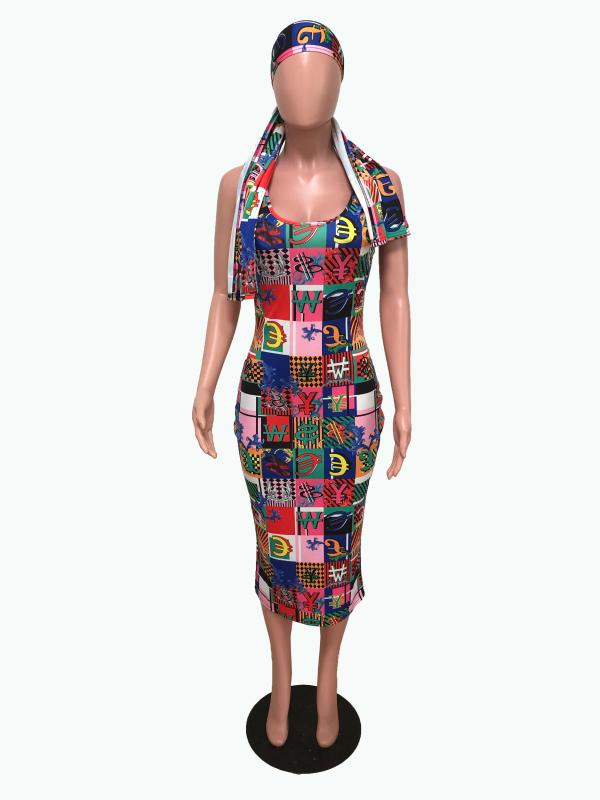 summer women letter print sleeveless knee length midi bodycon dress sexy nigth club party dresses vestidos head scarf GL51601