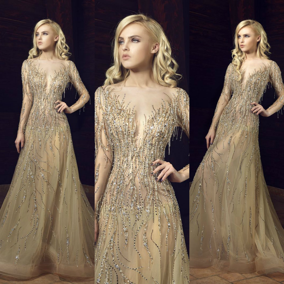 2019 Gold Mermaid Prom Dresses Luxury Crystals Sequined Tulle V Neck Evening Dress Tony Chaaya Long Sleeve Tassels Formal Party Gowns