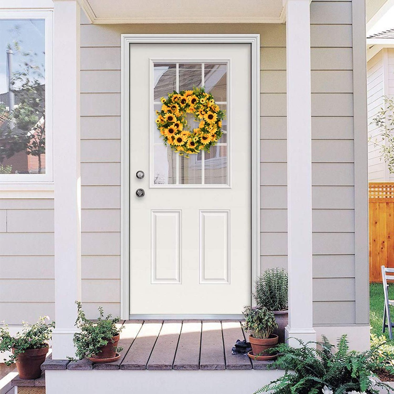Artificial Sunflower Summer Wreath-16 Inch Decorative Fake Flower Wreath With Yellow Sunflower And Green Leaves For Front Door I