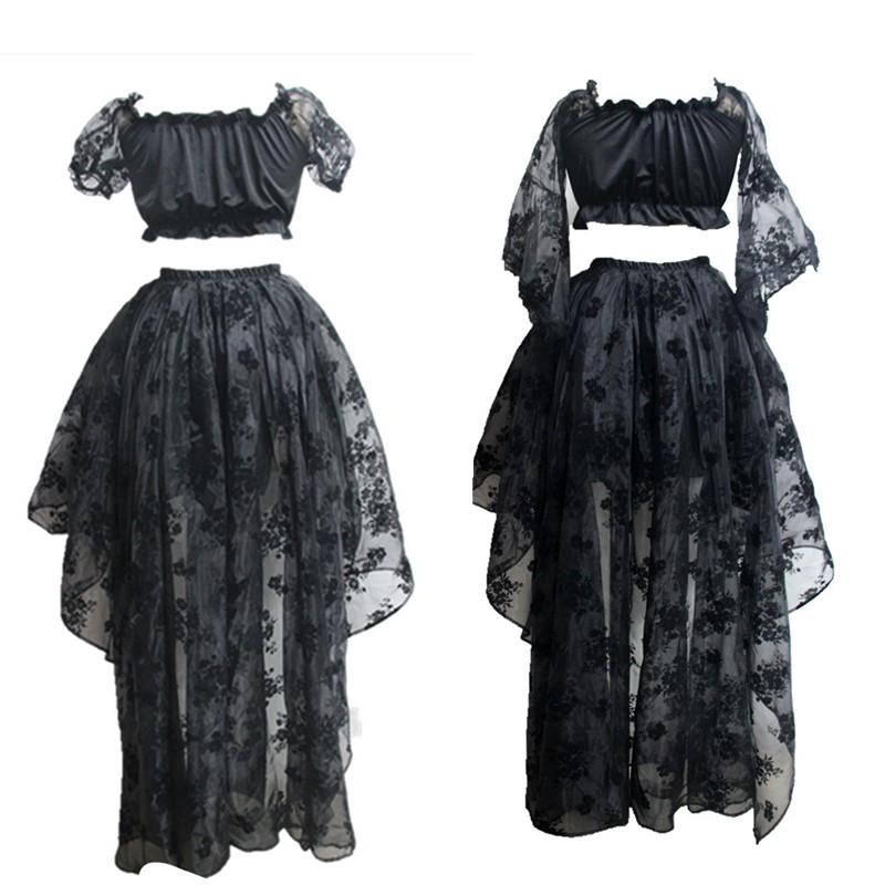 Women 2pcs Dancing Outfit Lolita Rose Floral Lace Mesh Short Sleeves Crop Top with Flocked Asymmetrical Ruffler Floor Hi-lo Skirt Pardy Dres