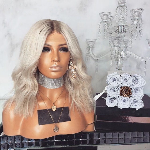 14inches loose curly brazilian hair Short Blonde Wig Brown Root Ombre Lace Front Wig Baby Hair natural synthetic Bob Wigs for Women
