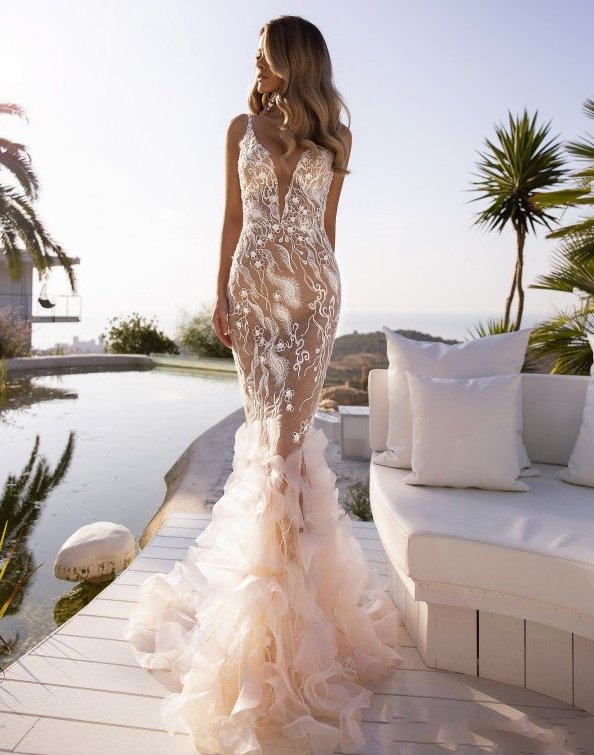 champagne mermaid wedding dresses sexy spaghetti neck lace tiered skirts bridal gowns country garden wedding dress