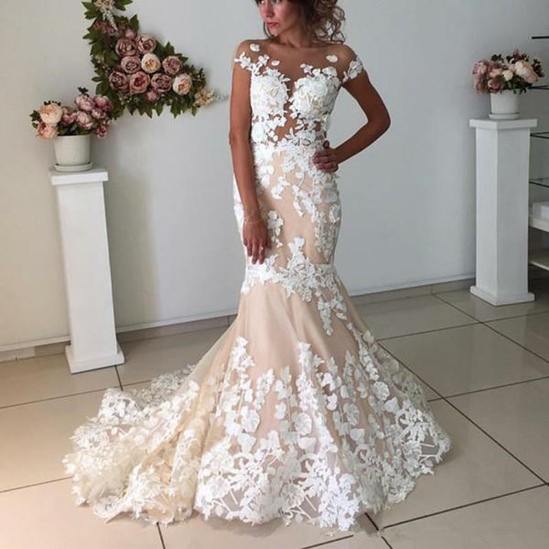 Mermaid Bridal Gowns Lace Appliqued Cap Sleeves Sexy Nude Pink Wedding Dresses Lace Off Shoulder robes de mariee robe de mariages