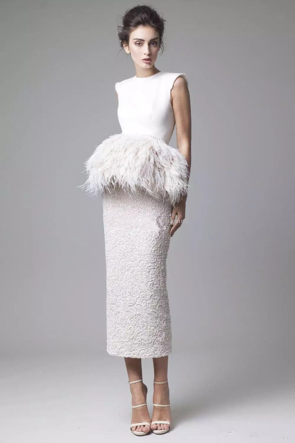 2019 New Tea Length Ostrich Feather Wedding Dresses Krikor Jabotian Outfits Jewel Neckline Sheath Wedding Gowns