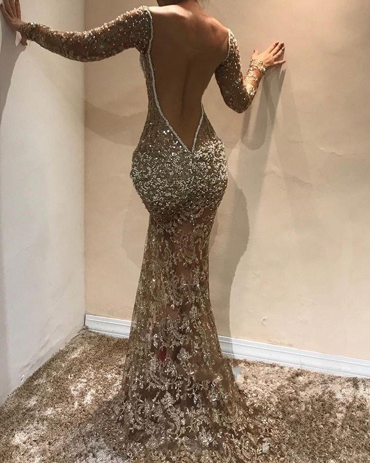 Sparkly Lace Sequin Prom Cocktail Dresses 2020 Sexy Hot Long Sleeve V-neck Backless Applique Slit Occasion Evening Wear Gowns