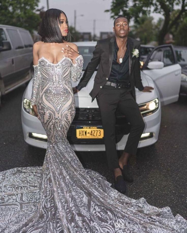 Sliver Mermaid Prom Dresses 2019 New Long Sleeve Sweep Strain Illusion Sweetheart Formal Evening Dress Party Gowns Custom Made