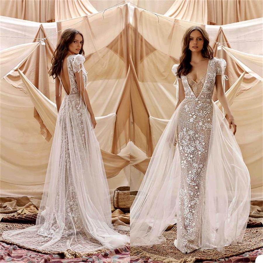 2021 Berta Sheath Wedding Dresses Lace Appliqued Sequins Beads V Neck Beach Wedding Dress V Neck Sexy Backless Short Sleeves Bridal Gowns