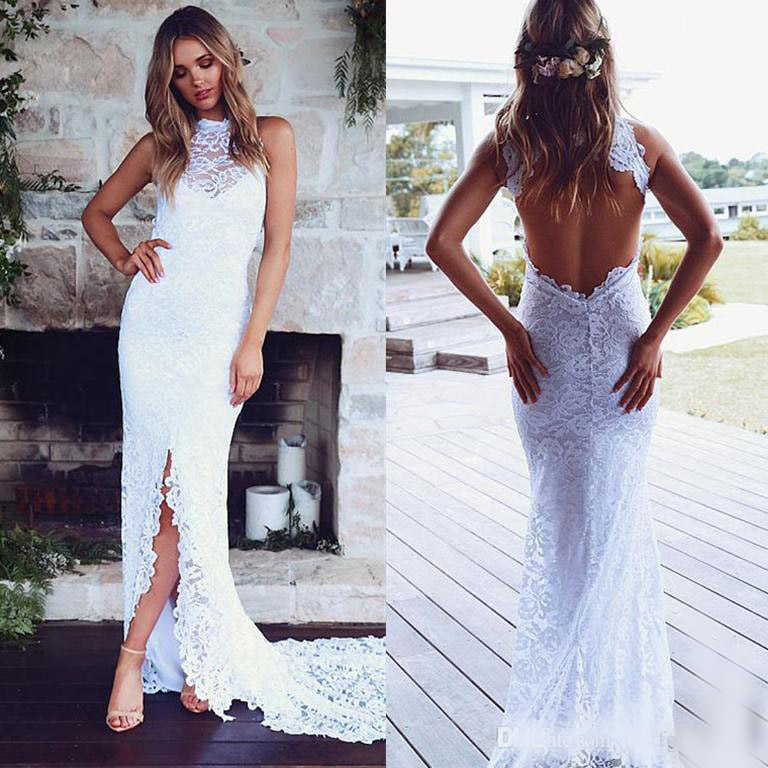 Sexy Open Back Mermaid Wedding Dresses Front Slit Full Lace 2020 Long Fishtail Beach Boho Bridal Gowns Cheap High Neck Country Bride Dress