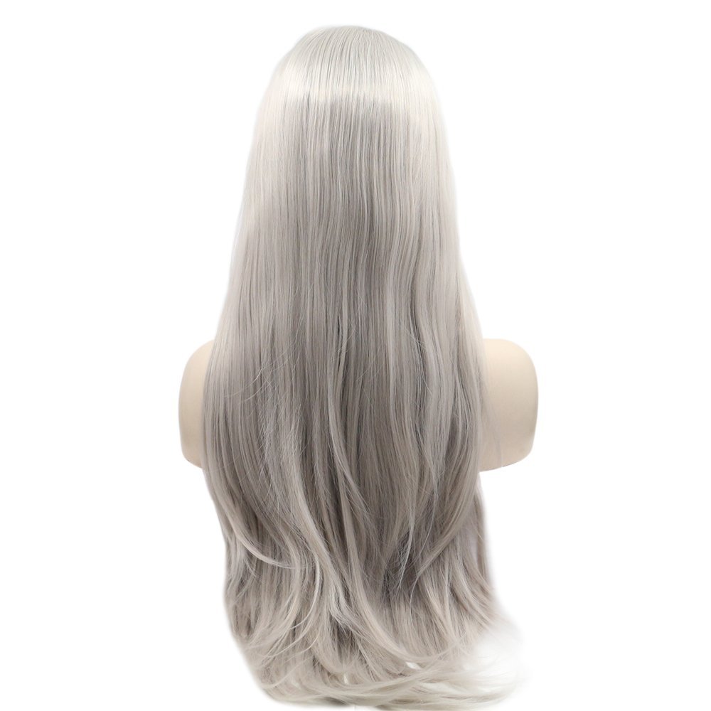 Hotsellling Grey Color long wig 150% High Density Heat Resistant Hair handmade cosplay party Synthetic Lace front wig for Women