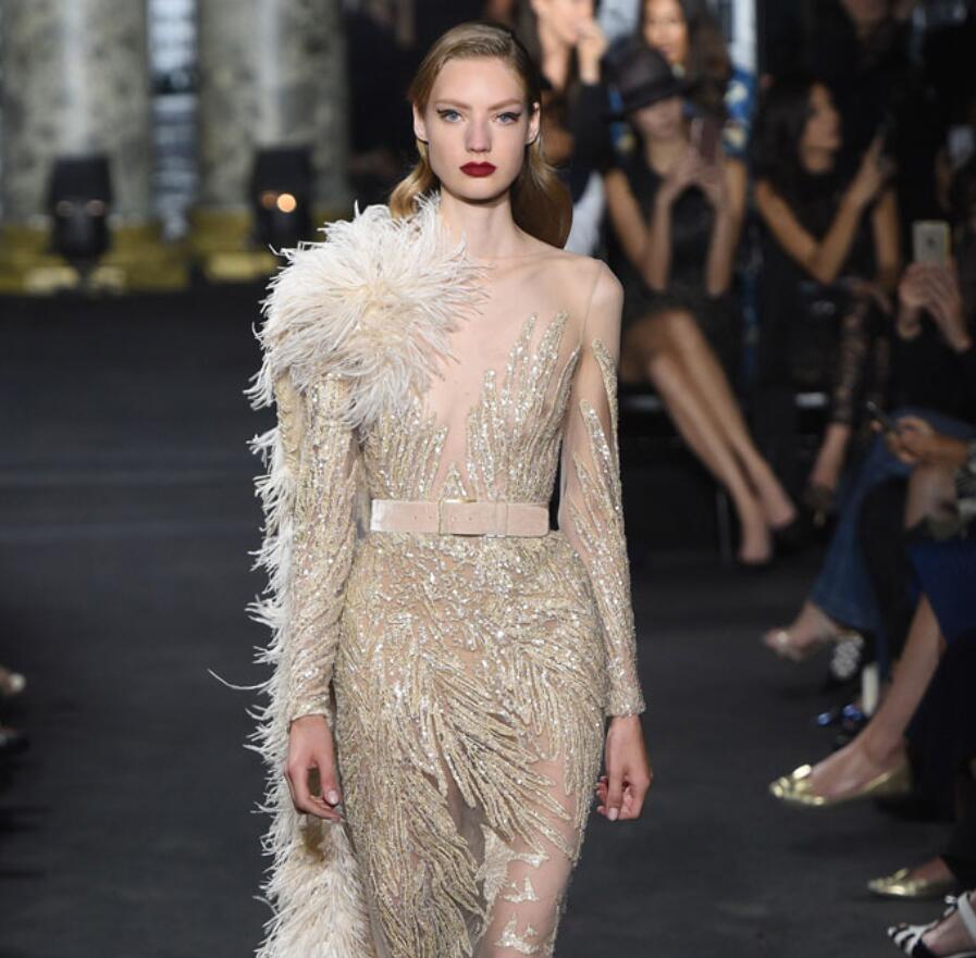 2020 Luxury Feather Evening Dresses Jewel Neck Beads Long Sleeve Mermaid Prom Dresses Lace Appliques Formal Party Second Reception Gowns