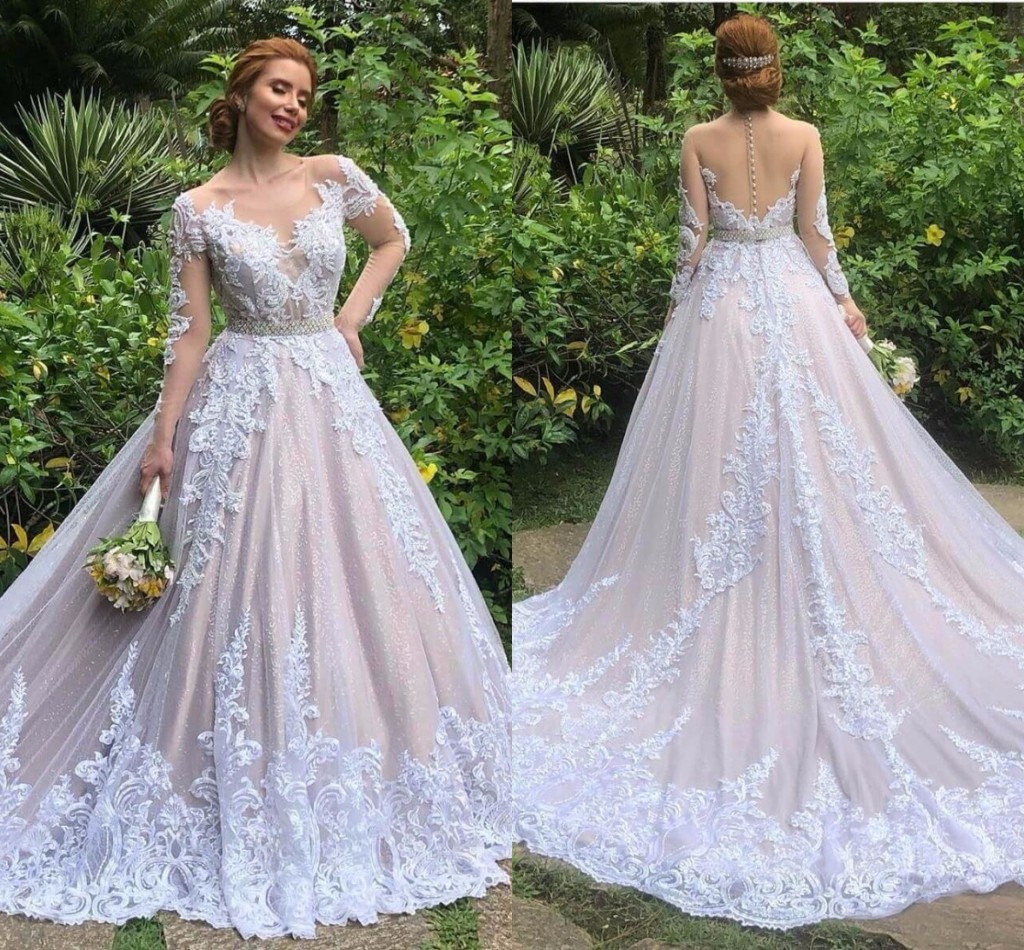 Luxury Lace princess Wedding Dresses Illusion Long Sleeve crystal belt Buttons Back Wedding Gowns with Skirt robe de mariage