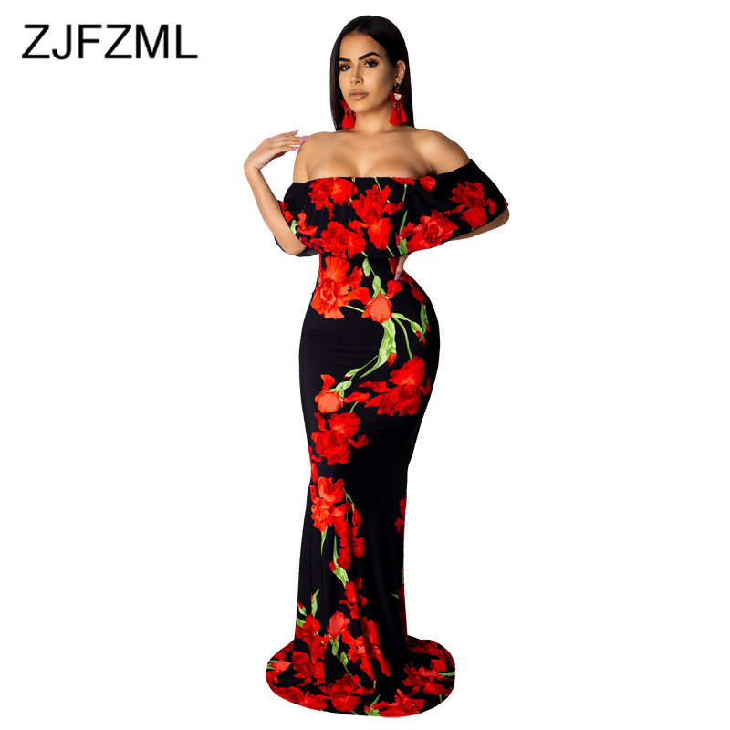 Floral Print Sexy Mermaid Long Dress Women Slash Neck Ruffles Sleeve Bandage Beach Dress Summer Off Shoulder Backless Boho Dress LY191116