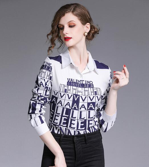 New Fashion Vintage Letter Print OL Women's Blouses Ladies Casual Office Button Front Bow Tie Neck Long Sleeve Shirts Tops