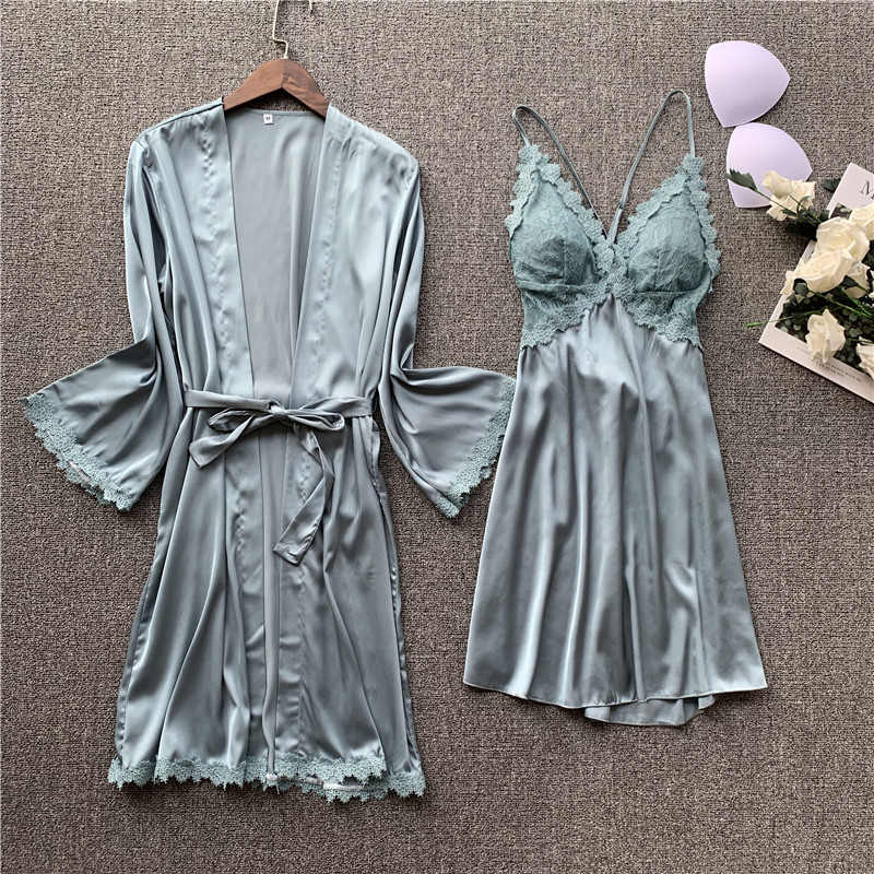 2020 Sleepwear Women Silk Satin Robe+pajamas Dress with Chest Pad Sexy Nightwear Lace Lounge Set Women V-neck Night Gown Set, Black
2020 Sleepwear Women Silk Satin Robe+pajamas Dress with Chest Pad Sexy Nightwear Lace Lounge Set Women V-neck Night Gown Set, Black