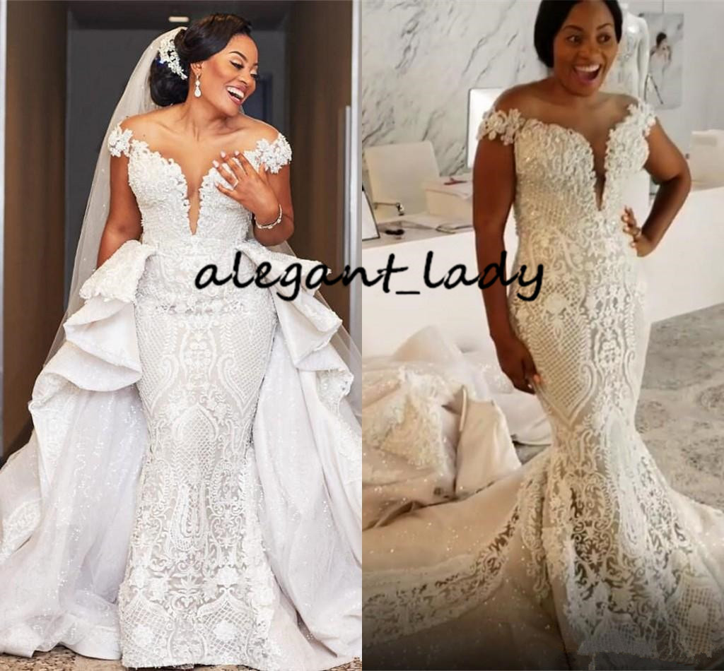 Luxuirous Sparkly Wedding Dresses Lace Applique Beaded Mermaid Bridal Dresses Sheer Neck Detachable Train Arabic African Wedding Gowns