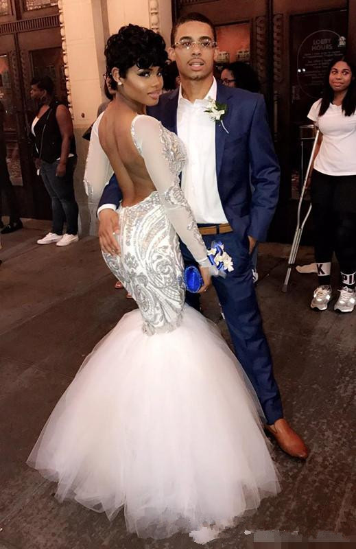 Long Sleeve Mermaid Evening Pageant Dresses 2019 Jewel Neck Silver Lace Applique Backless Arabic African Trumpet Occasion Prom Wear Gowns