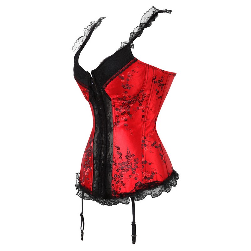 Red Floral Lace Trim Corset S-L Underwire Padded Overbust Hood and Eye Front Slimming Waist Cincher Halter Corset
