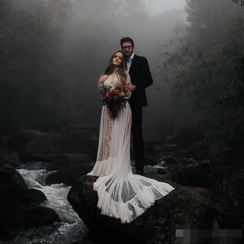 Newest Long Sleeves Dresses Chapel Train Sexy Backless Lace V Neck Custom Made Country Wedding Bridal Gowns Vestido De Novia