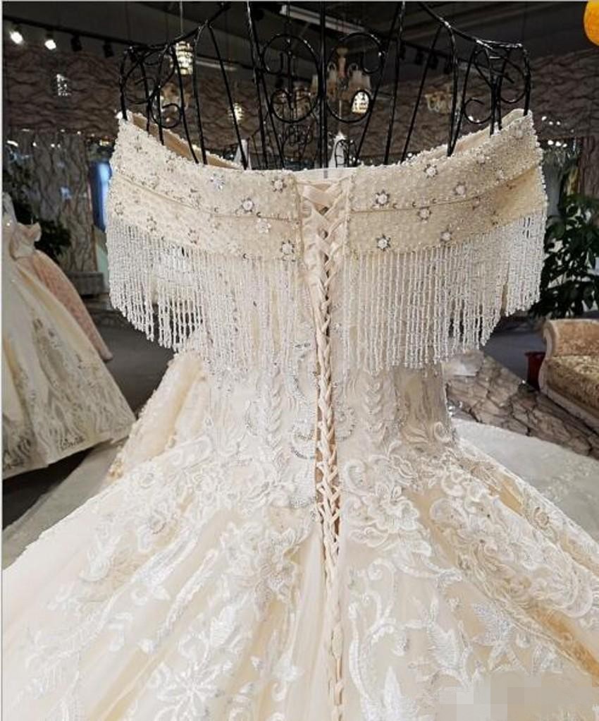 Ball Dresses Beaded Tassle Elegant Off the Shoulder Embroidery Lace Applique Tulle Beading Wedding Bridal Gown