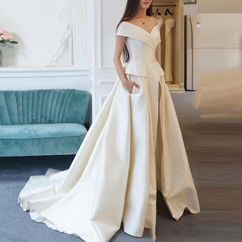 Elegant Jumpsuit Evening Formal Dresses 2020 Overskirt Off Shoulders Satin Pant Suit Prom Party Gowns Sweep Train Dubai Abaya Kaftan Dress
