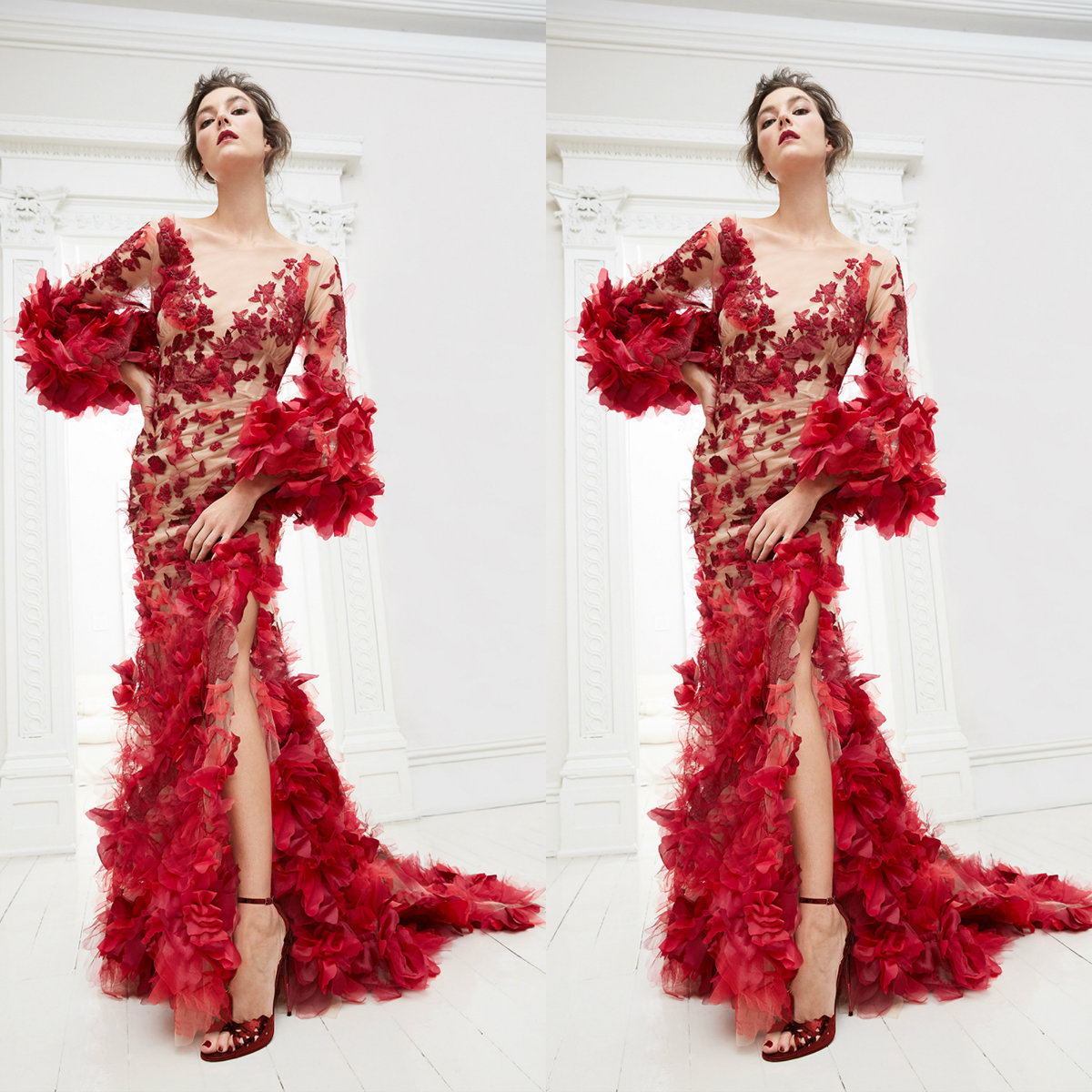 2020 Marchesa Red Evening Dresses Sheer Neckline Lace Floral Flowers Mermaid Prom Dress Party High Split Long Sleeve Formal Occasion Gowns