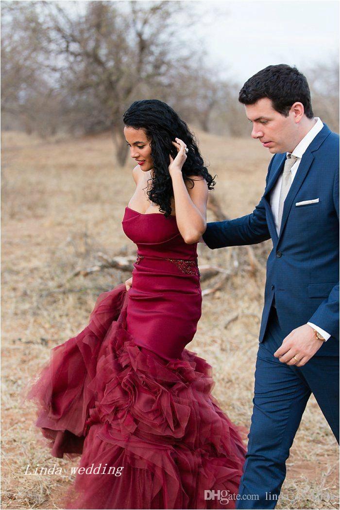 2019 Burgundy Mermaid Wedding Dresses Wine Red Strapless Backless Long Bridal Party Gowns Plus Size vestidos de novia sirena