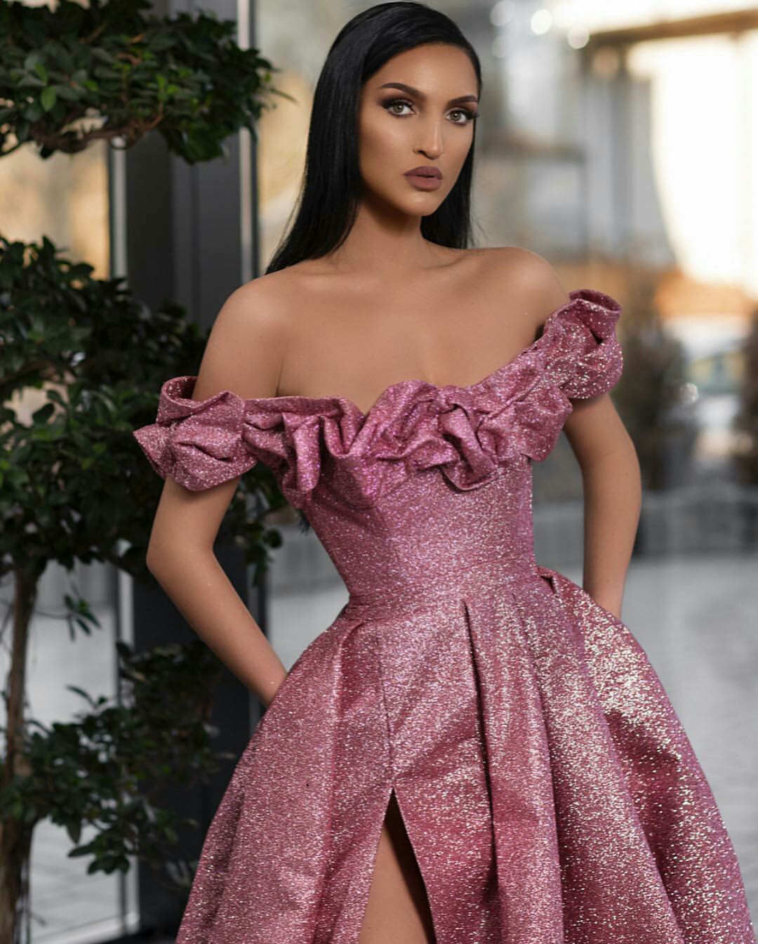 2019 Elegant Beading Split Evening Dresses Rami Salamoun Glitter Off The Shoulder A Line Long Prom Dress Sweep Train Cheap Formal Gowns