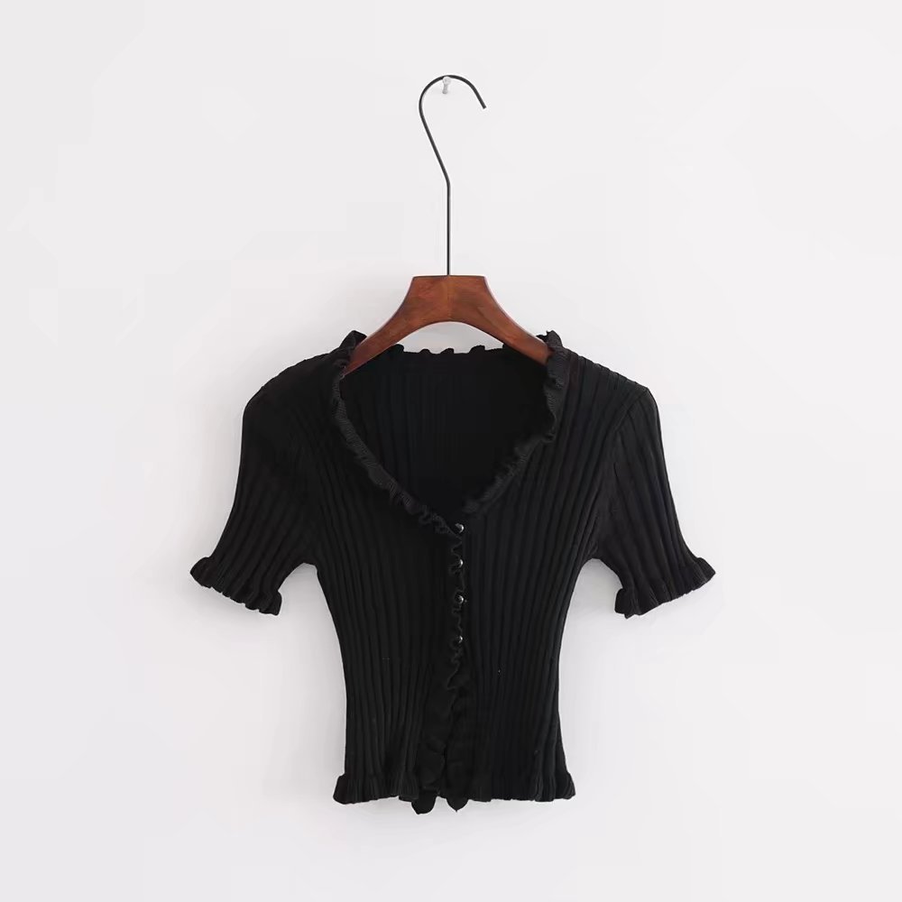 2019 Autumn Knit Sweater Female Women Ruffle Trim Crop Knit Cardigan With Short Sleeve Deep V Neck Crop Casual Jumper Pu