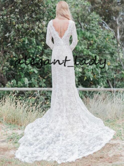 Mermaid Long Sleeve Wedding Dresses 2020 Modern V-neck Full Lace Applique Sweep Train Low Back Bohemian Country Bride Wedding Gown