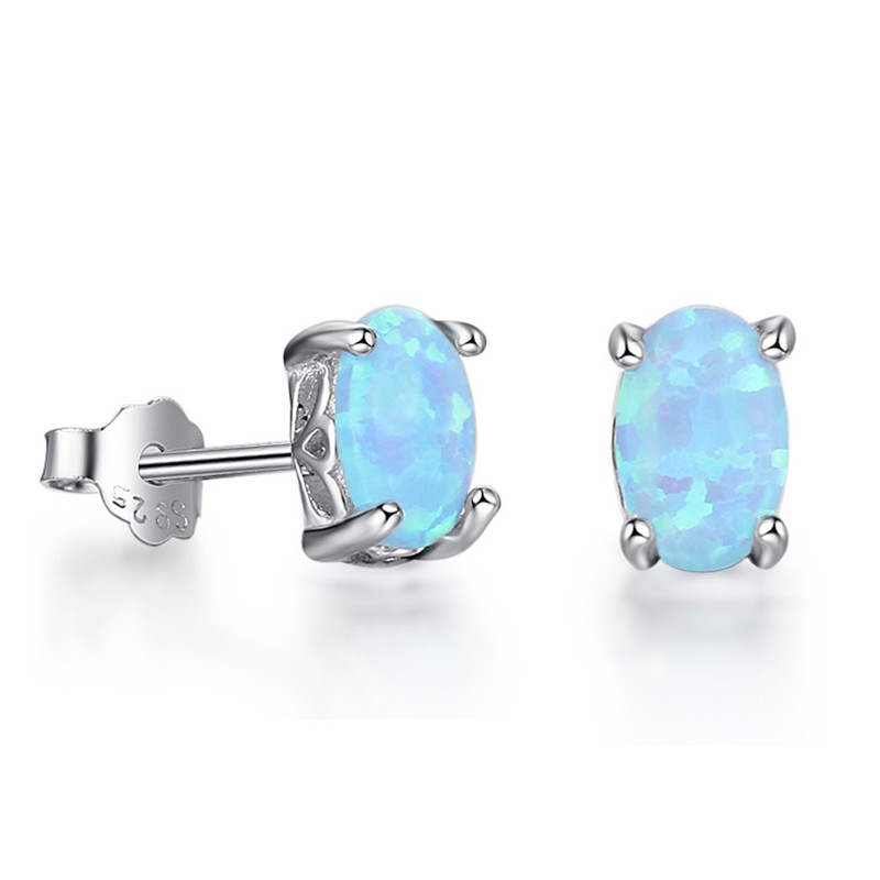 100% 925 Sterling Silver Stud Earrings New Fashion 4mm Oval Blue Fire Opal Earrings Fine Jewelry For Women