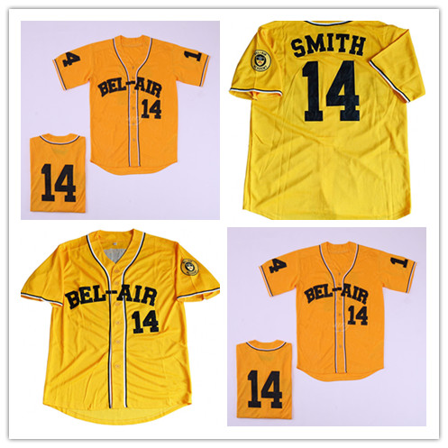 Men's #14 Baseball Jersey Bel-Air Academy Will Smith Embroidery Fresh Prince Shirt Yellow Size S-3XL