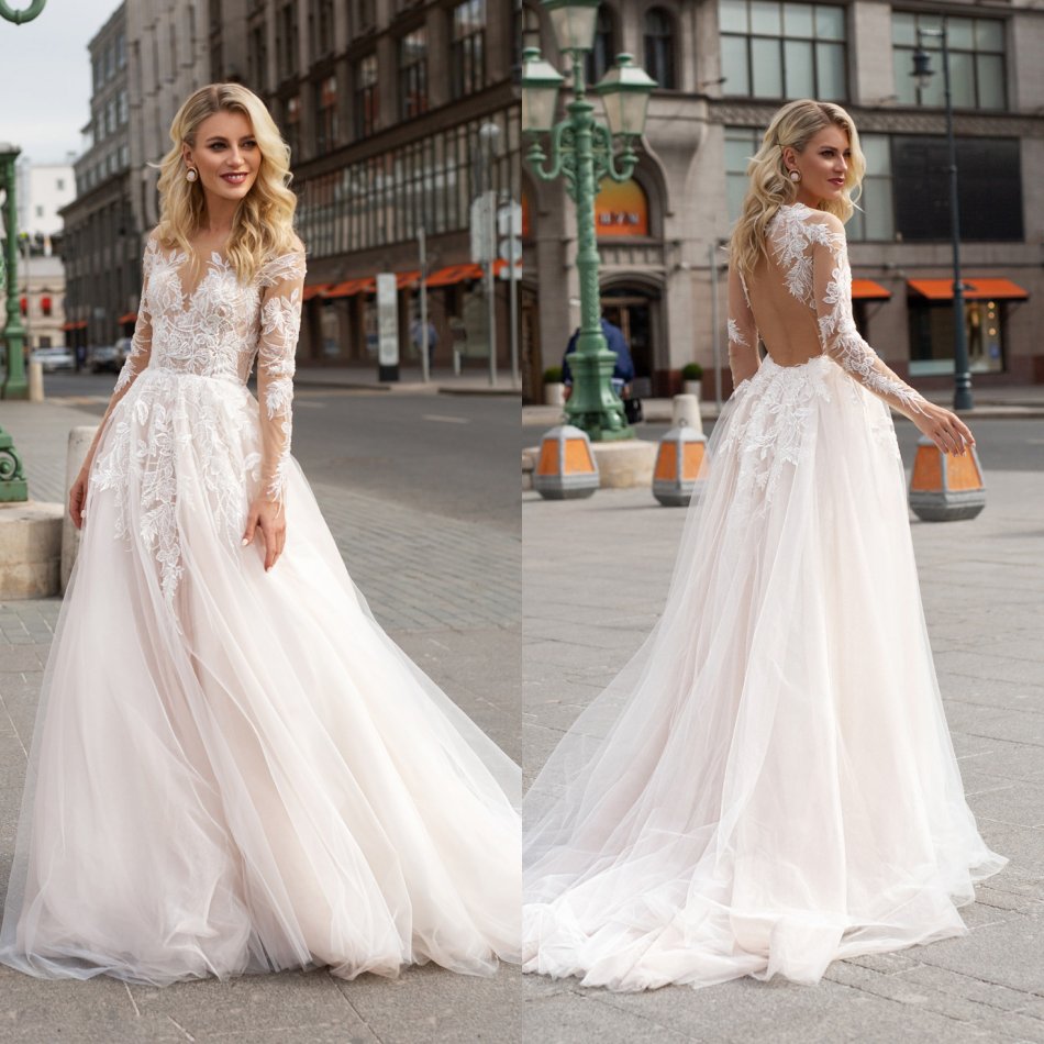 Bohemian Wedding Dresses Sheer Neck Lace Appliques Bridal Gowns Beach Boho Long Sleeve Sweep Train Wedding Dress