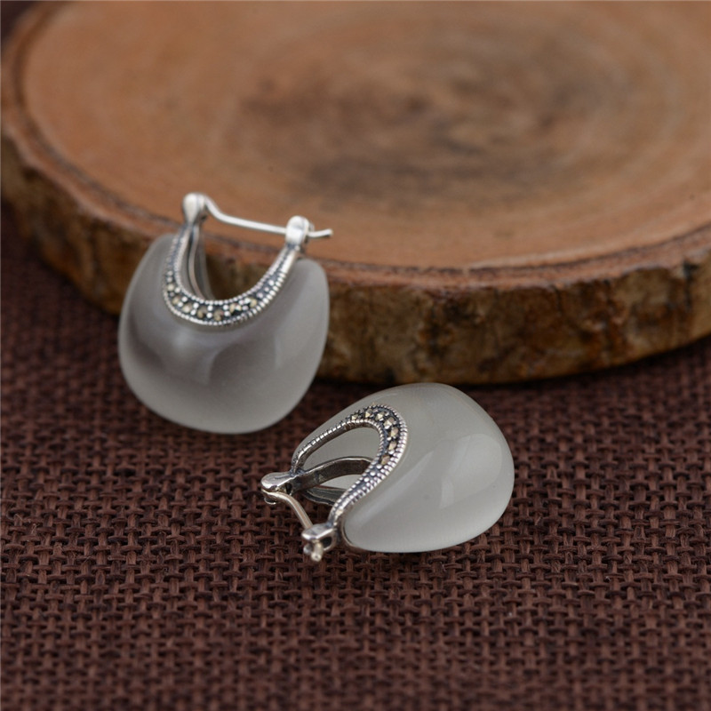 100% 925 Sterling Silver White Green Opal Earrings For Women New Fashion Retro Water Drop Earring boucle d'oreille