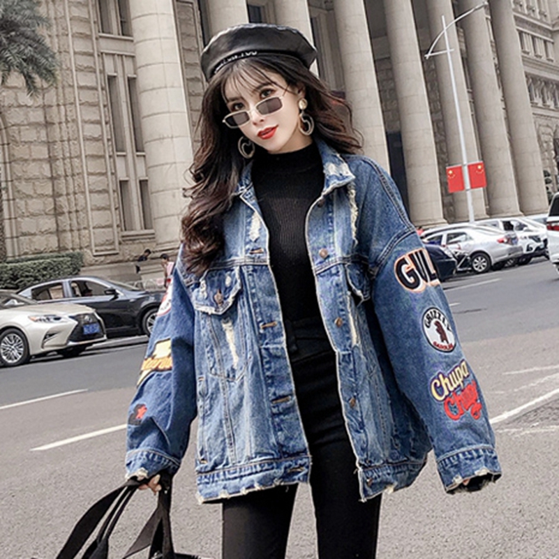 SexeMara fashion The New Loose Hole embroidery Patch Denim jacket Free shipping111
