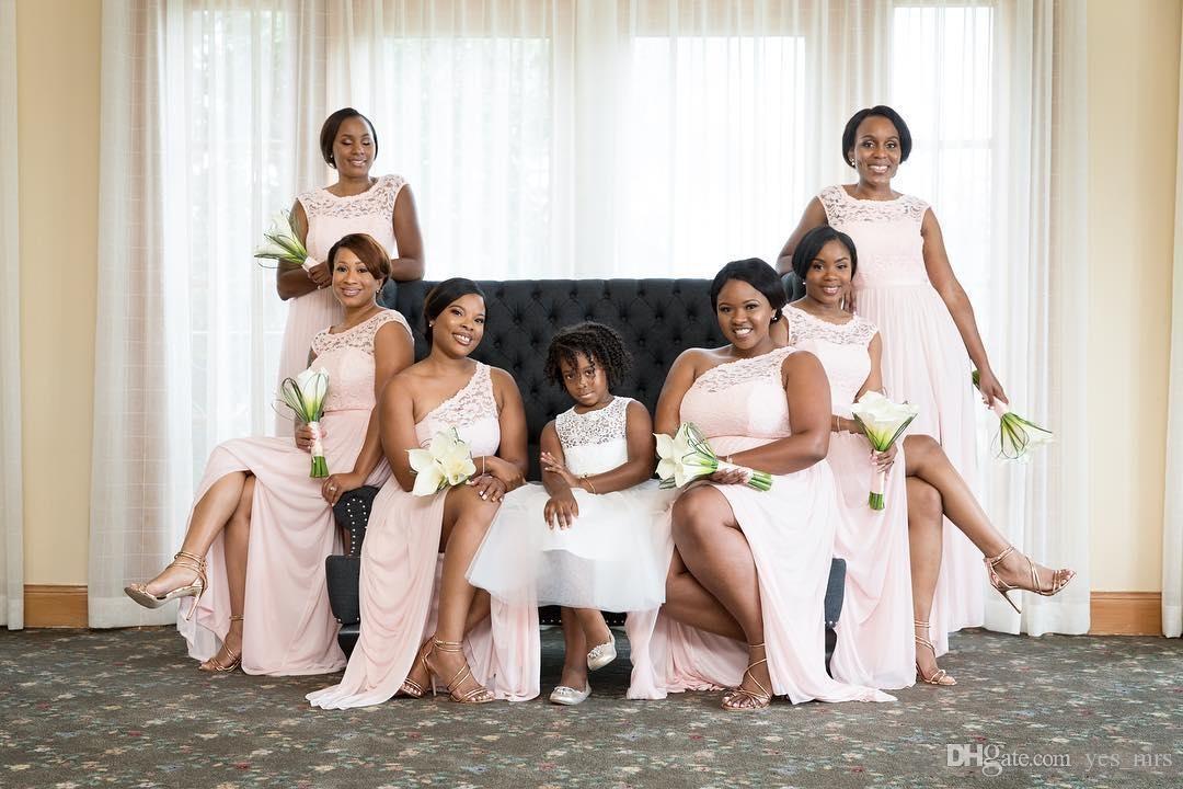 Mixed Styles Country Style African Black Girls Pink Bridesmaid Dresses Illusion Lace Applique Chiffon Maid Of Honor Wedding Guest Dress