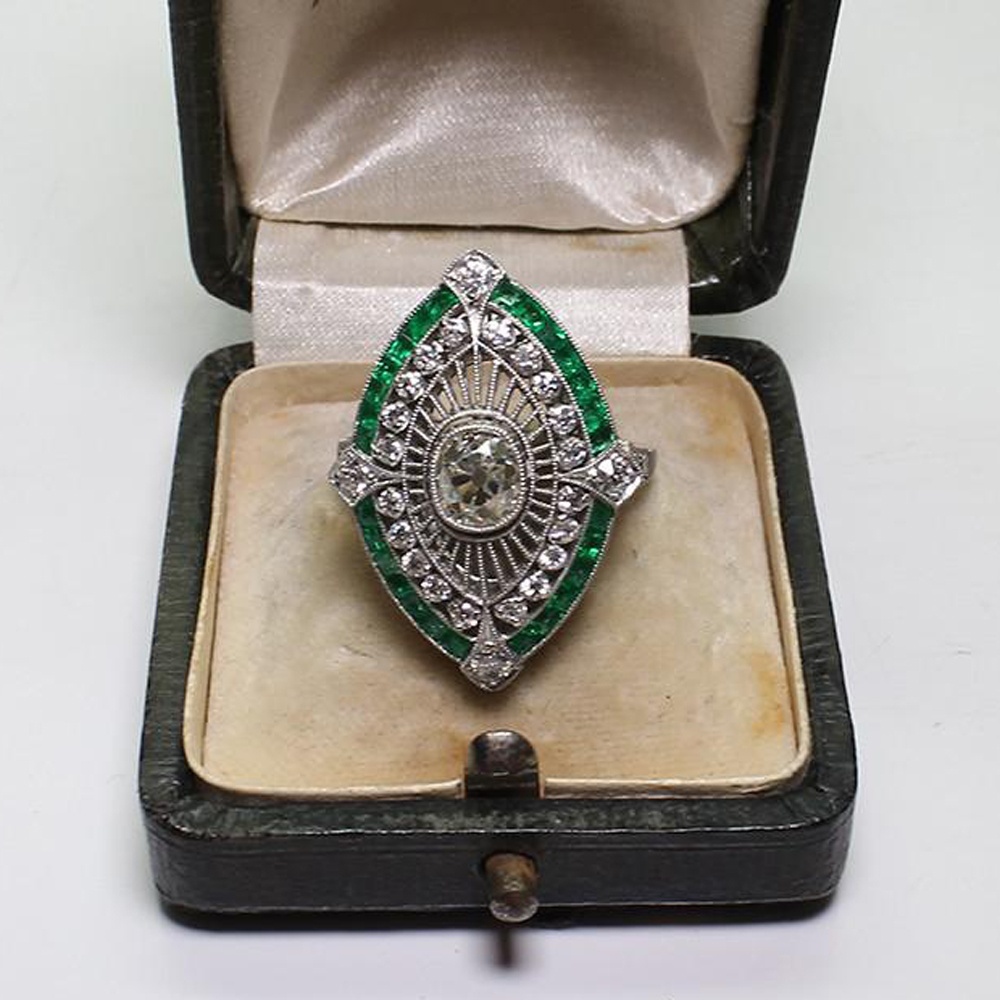 Antique Art Deco 925 Sterling Silver Emerald White Sapphire Floral Engagement Party Ring Size Anniversary Gift Day US 5 12