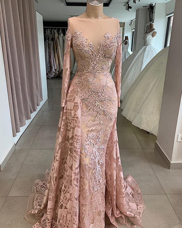 Luxurious Sexy African Dubai Evening Dresses Sheer Neck Blush Lace Beaded Mermaid Vintage Formal Party Bridesmaid Graduation prom Dresses