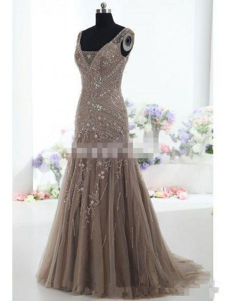 Brown Mermaid Evening Formal Dresses 2019 Real Image V Neck Applique Beads Tulle Corset Trumpet Occasion Prom Wear Gowns