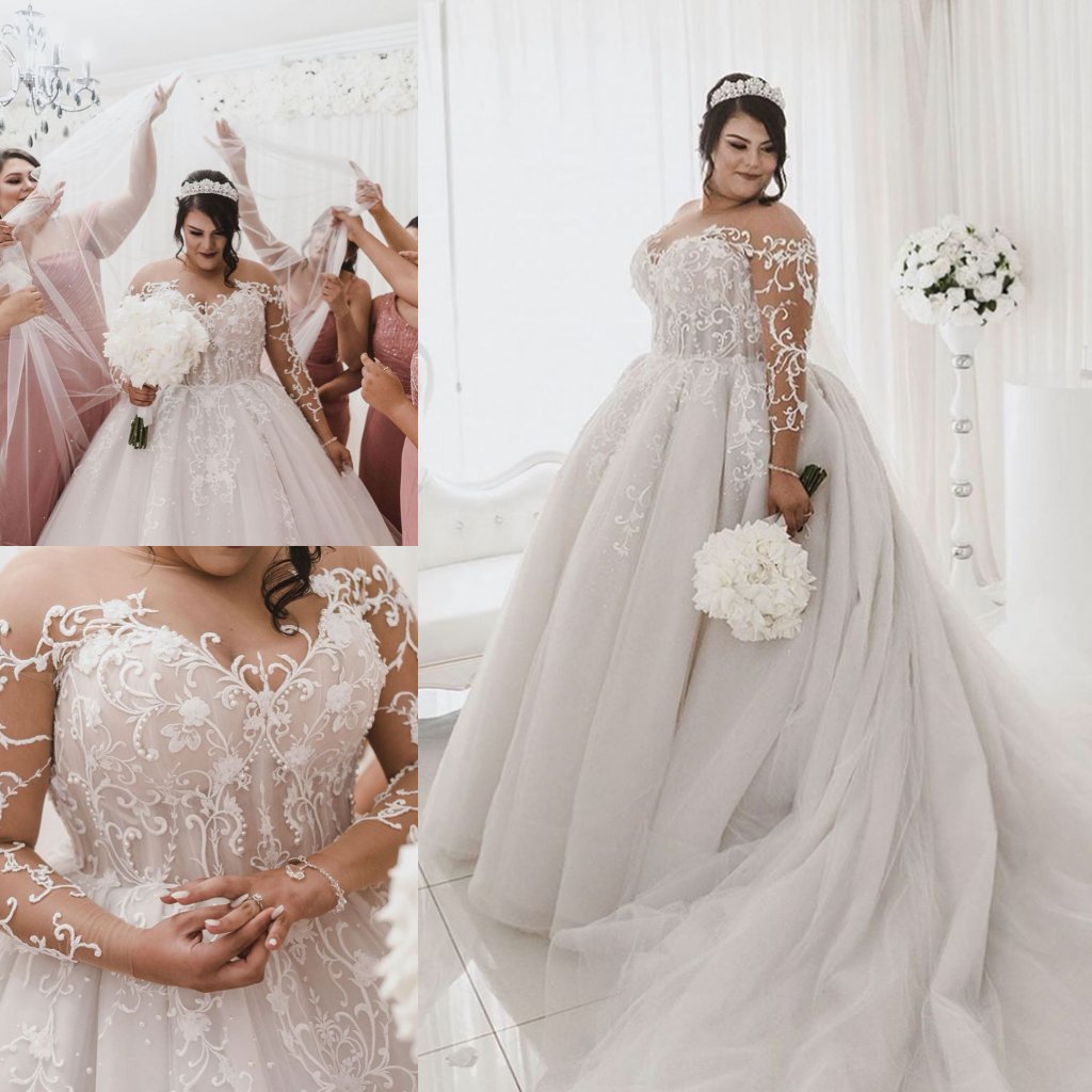2020 Plus Size Wedding Dresses Sheer Jewel Neck Lace Applique Sweep Train Boho Wedding Gowns Custom Made Bohemia Long Beach Bridal Dress