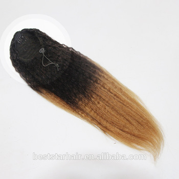 Fabulous African american Ombre Highlighted dark roots blonde Curly Puff Bun Drawstring Ponytail Human Hair Extensions 140g