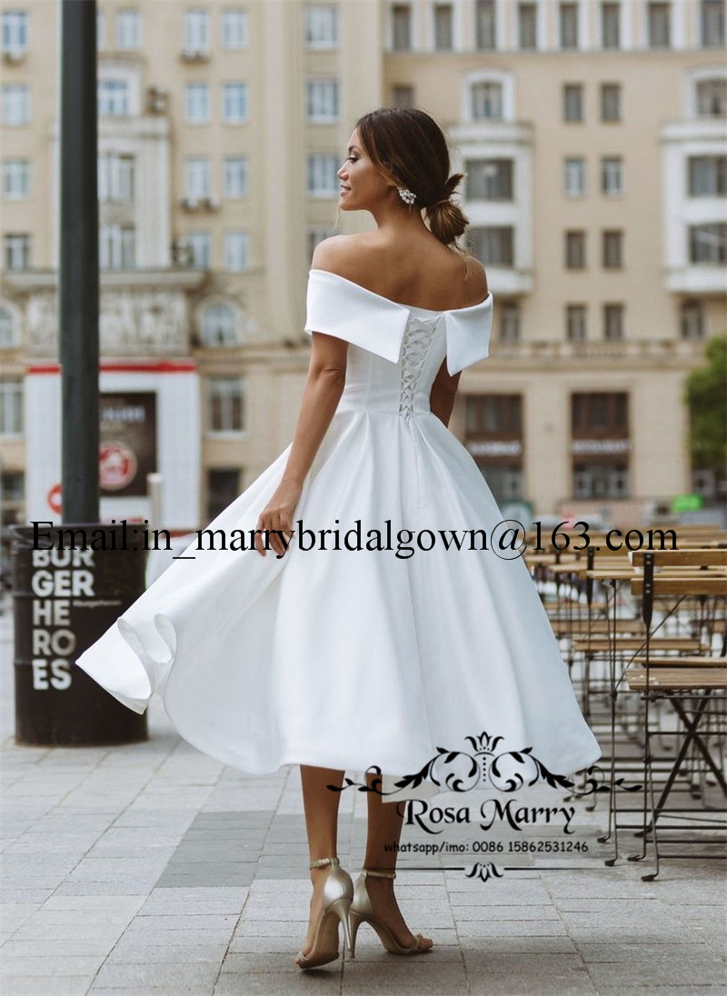 Modest Plus Size Cheap Short Wedding Dresses 2020 A Line Off Shoulder White Simple Country Beach Tea Length Bridal Gowns Vestido De Novia