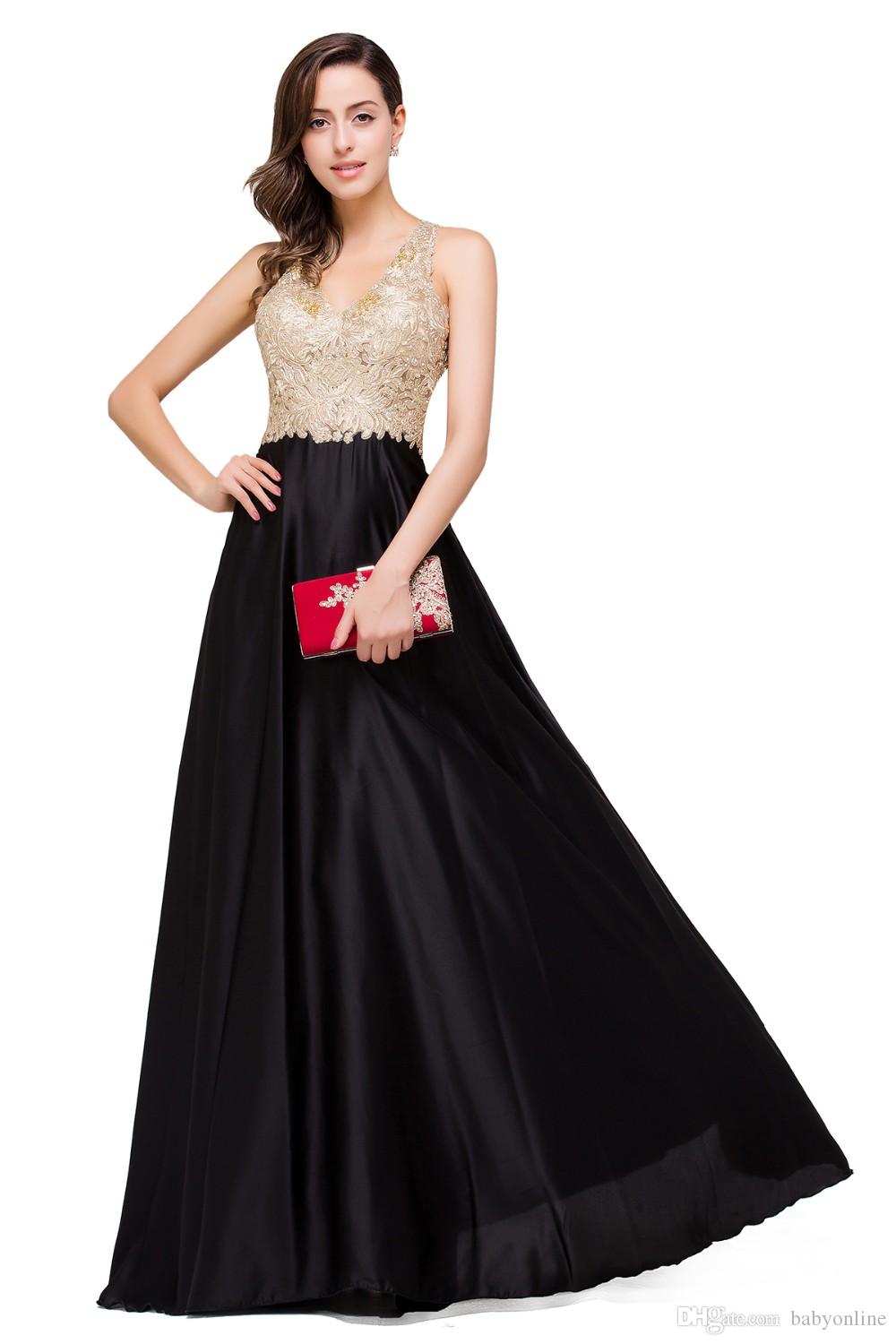 Sexy Backless Lace Satin Evening Dress A Line V Neck Gold Appliques Prom Gowns Robe De Soiree Cheap CPS358