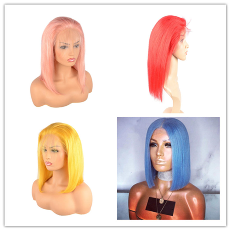 Lace Front Wig Blue Colored Remy Red Human Hair Full Ends Transparent Frontal Closure Swiss Lace Short Bob Wigs