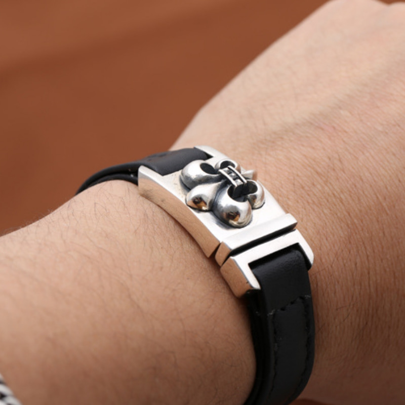 Brand new 925 sterling silver vintage handmade jewelry American European style leather band antique silver anchor charm clasp mens bracelets