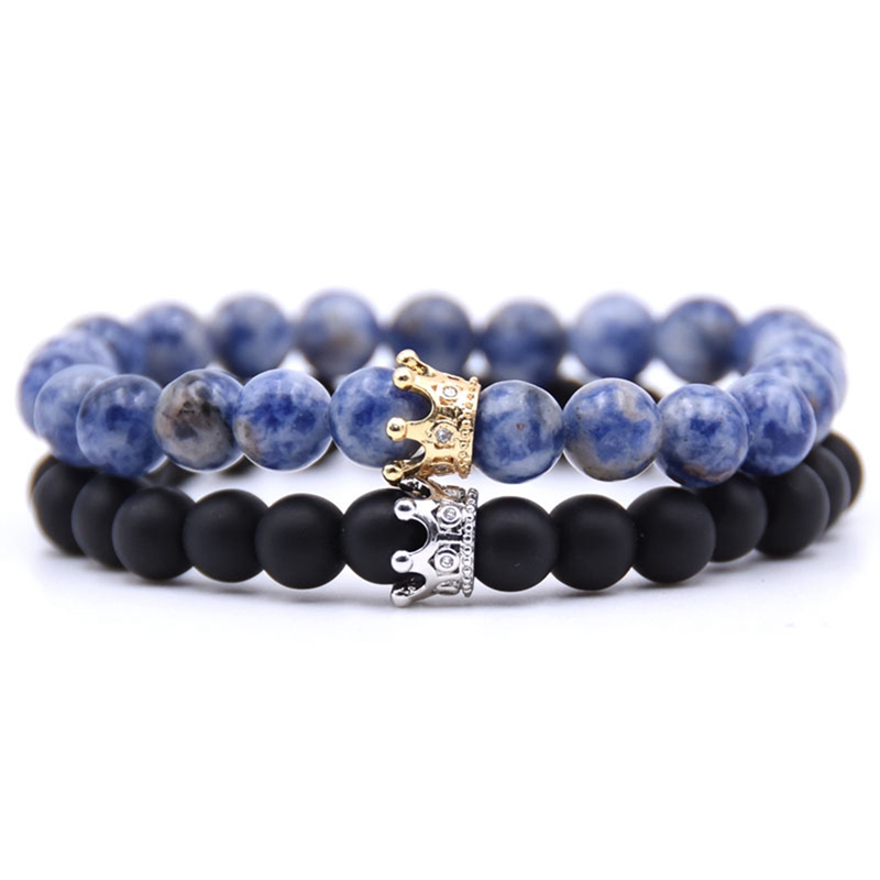 Jewelry 2pc Men's and Women's 8mm Mixed Style Crown Energy Stone Beads Elastic Bracelet Couple