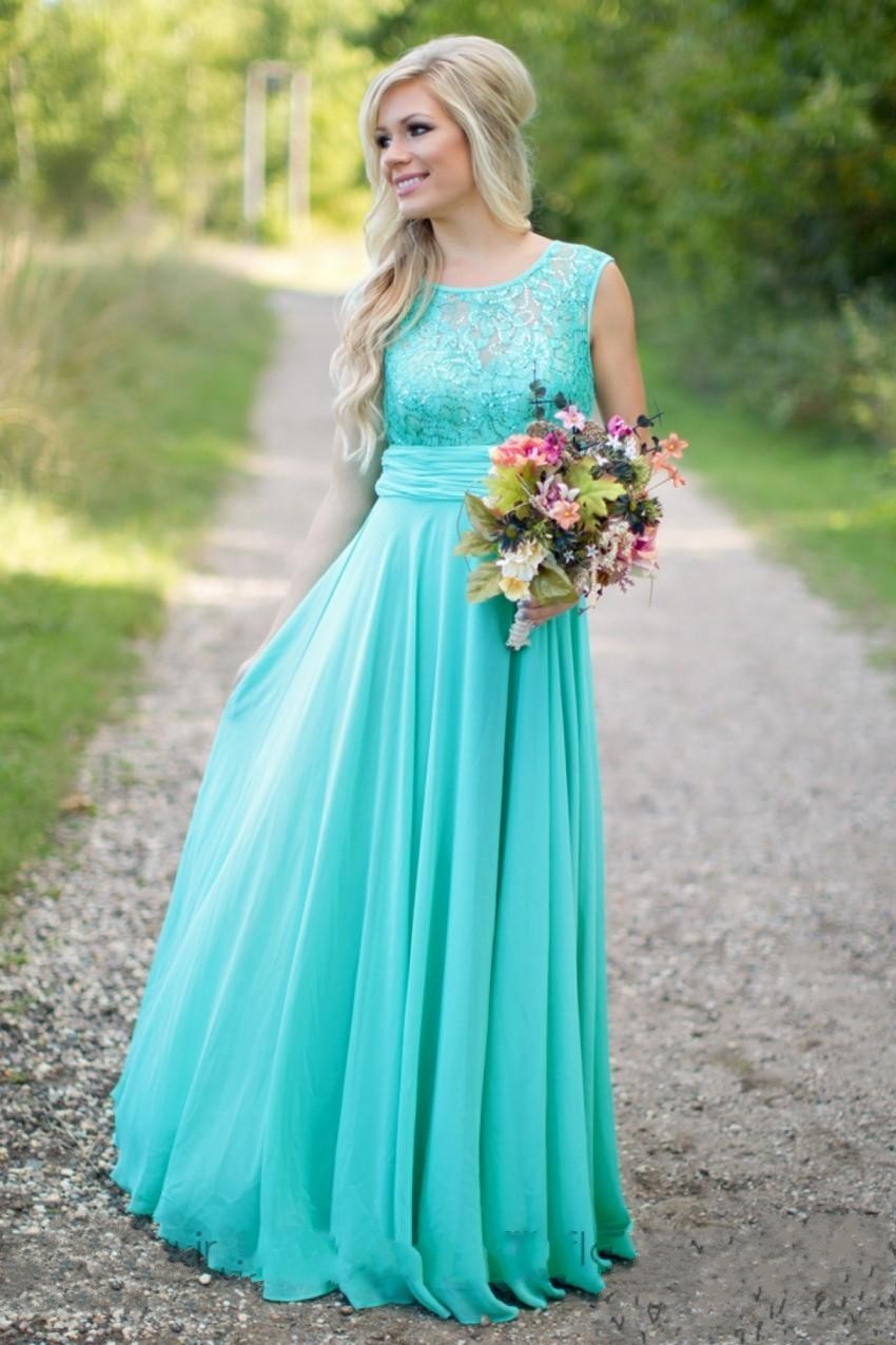 Teal Country Turquoise Bridesmaid A Line Chiffon Lace V Backless Long Cheap Bridesmaids Dresses For Wedding Guest Gowns