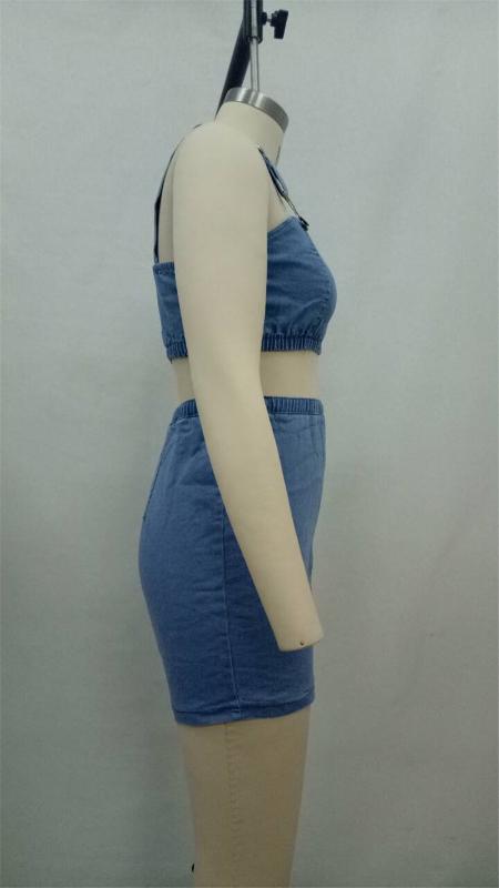 Adogirl Women Denim Two Piece Set Strapless Spaghetti Straps Zipper Back Crop Top Jeans Shorts Fashion Summer Club Suits Outfits