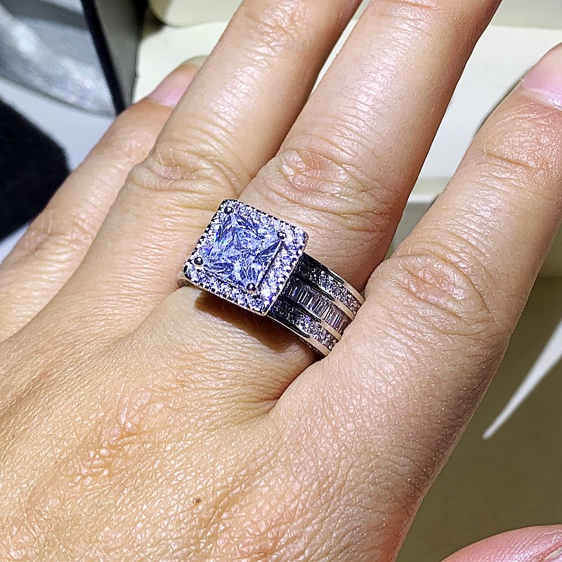 Rulalei Stunning Luxury Jewelry 925 Sterling Silver Princess Cut Full White Topaz CZ Diamond Promise Women Wedding Band Ring For Lover Gift