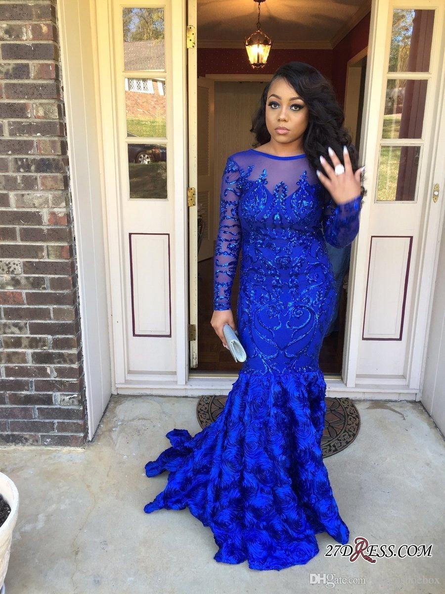 2019 Royal Blue Prom Dresses Jewel Neck Lace Appliqued Sweep Train Long Sleeve Evening Gowns Sexy Backless African Formal Party Dress